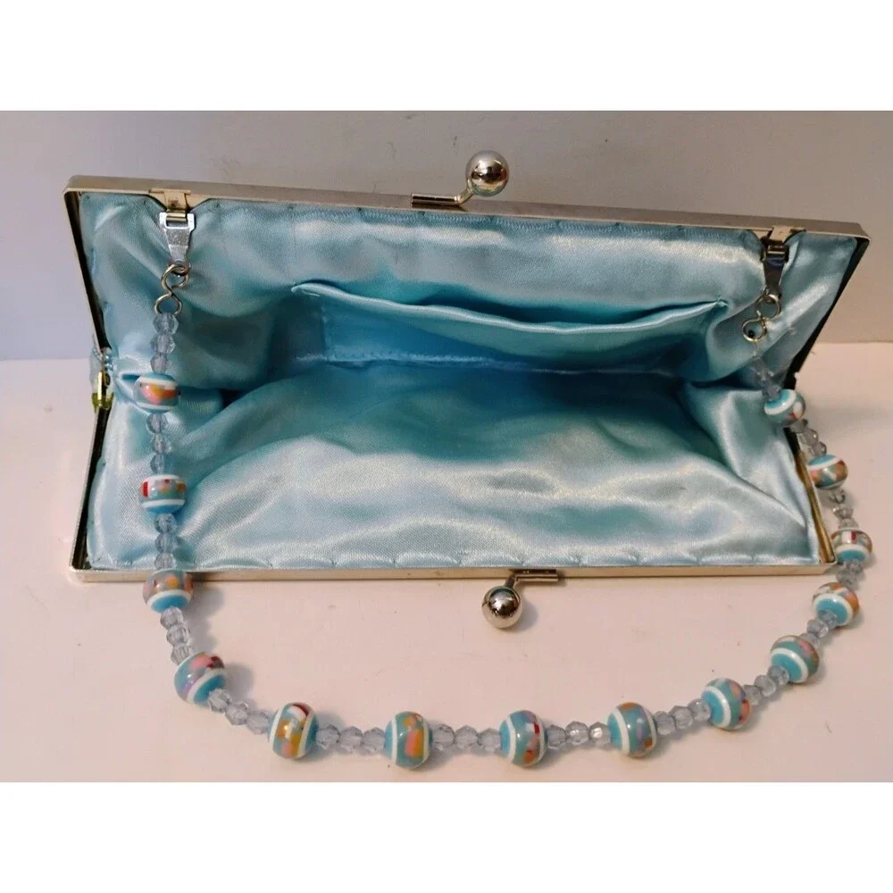 Vtg Y2K Beaded Sequin Mosaic Clutch Purse Kiss Lock Colorful Boho Evening Bag